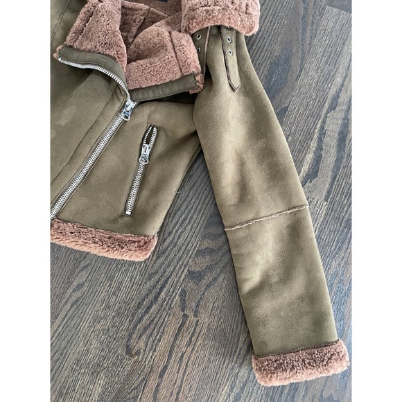 ZARA olive green brown faux suede/sherpa teddy moto jacket Sz. XS - Picture 7 of 9